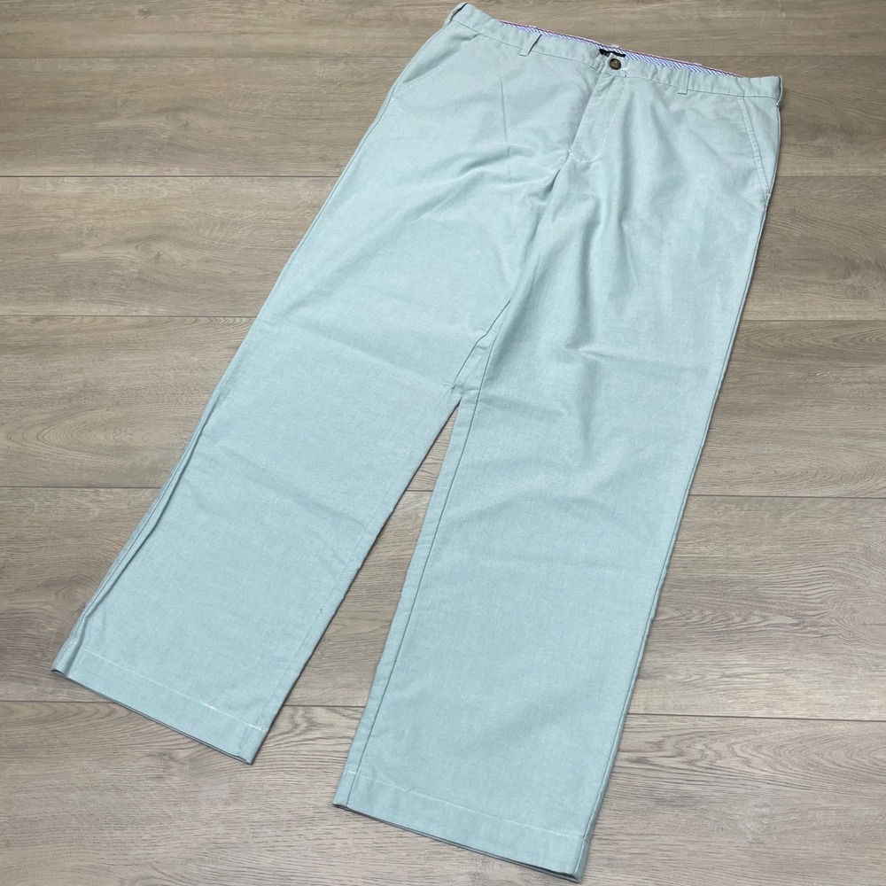 IZOD Chino Pants Mens 38x32 Light Blue Green Oxford Flat Front Straight Leg
